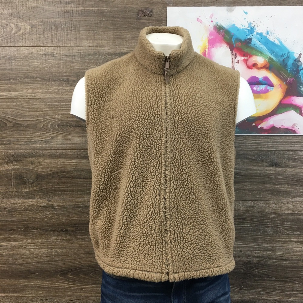 VINTAGE Woolrich Mens Large Sherpa Fleece Vest Tan Full Zip Outdoor Made USA